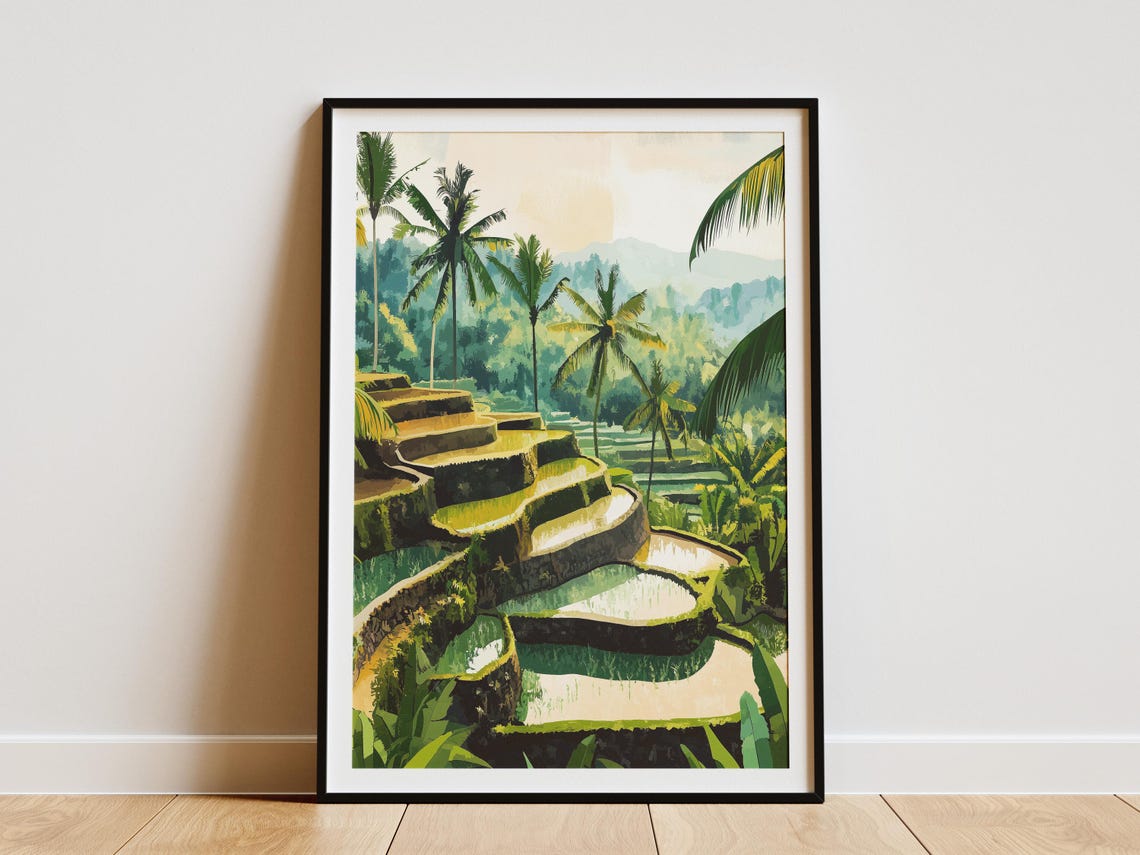 Flooded Rice Terraces with Palm Trees Tropical Landscape Poster