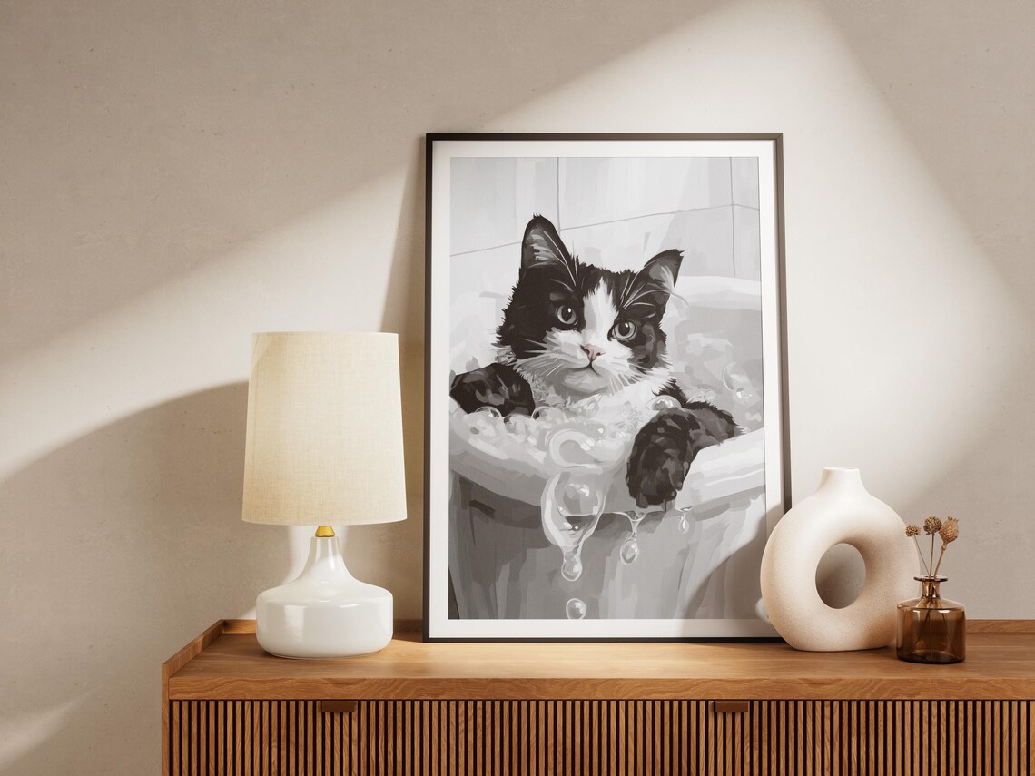 Tuxedo Cat in Bubble Bath Black and White Funny Bathroom Decor Poster - Image 4
