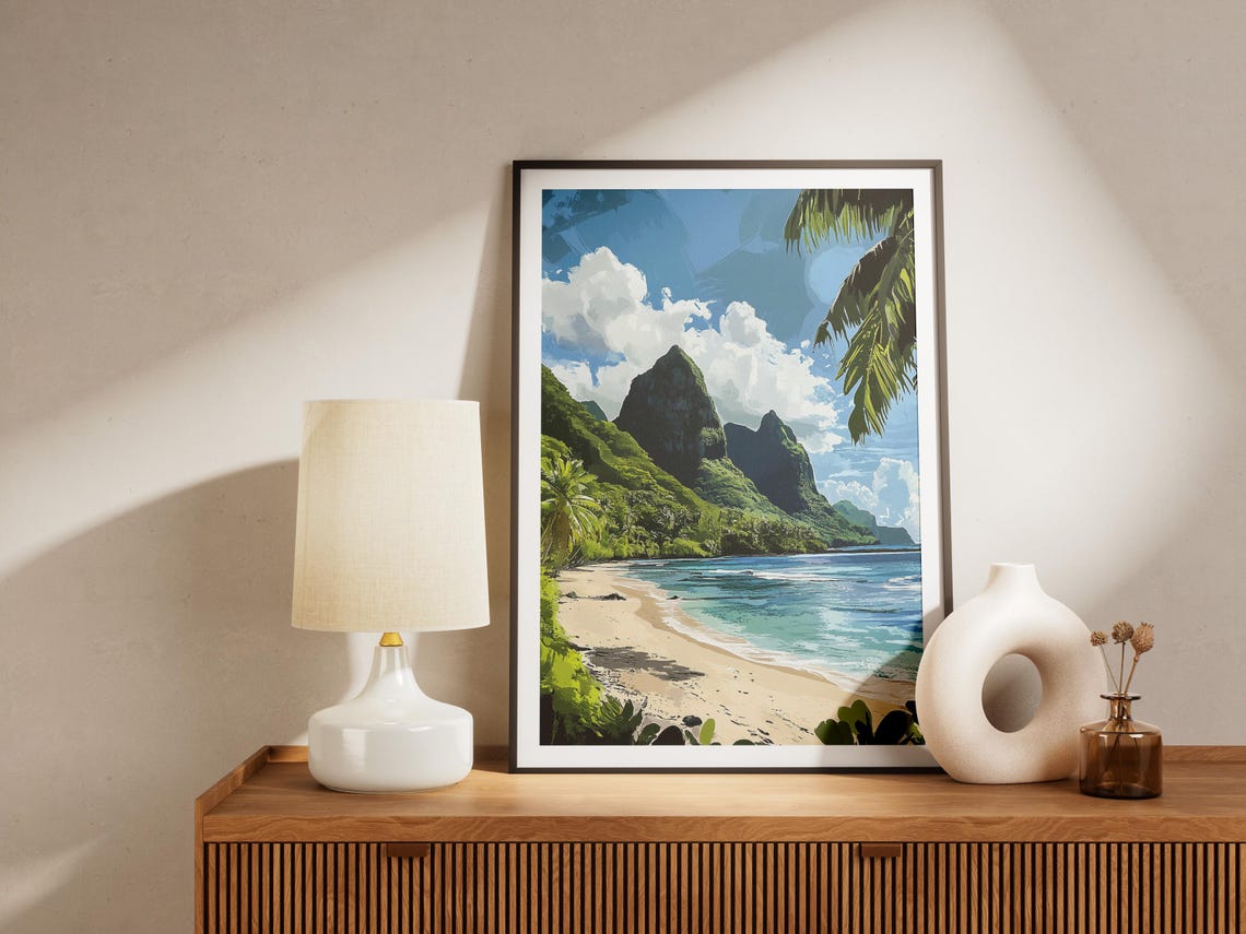 Tropical Island Beach Volcanic Peaks Turquoise Lagoon Poster - Image 4