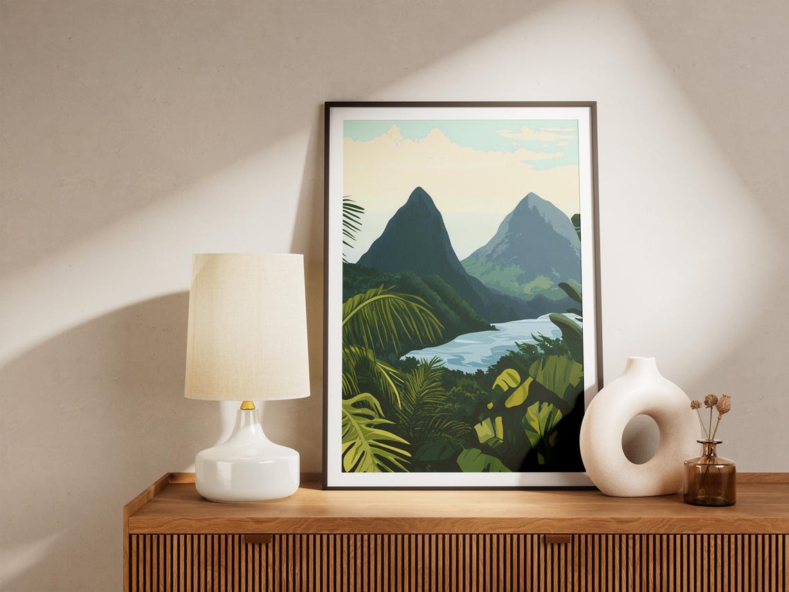 Twin Volcanic Peaks Tropical Lake Jungle Foliage Nature Poster - Image 5