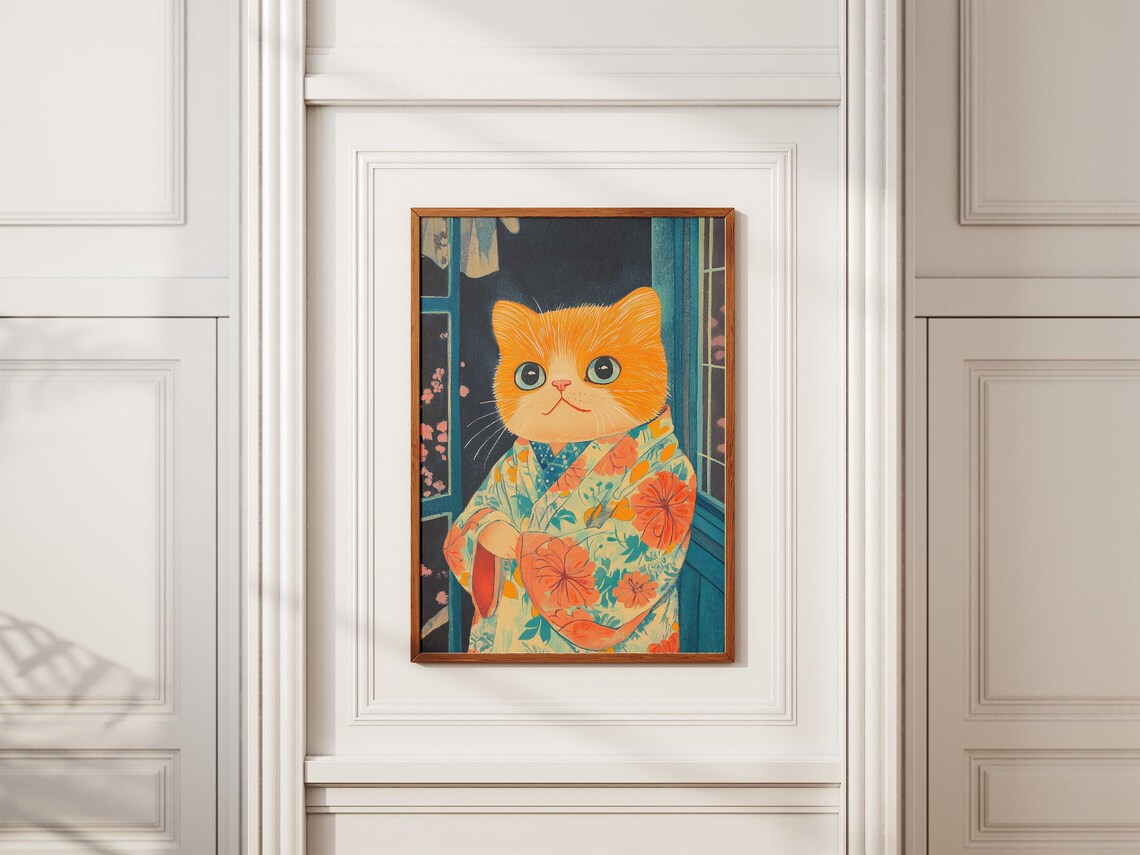 Orange Kitten in Floral Kimono Japanese Night Window Art Poster - Image 2