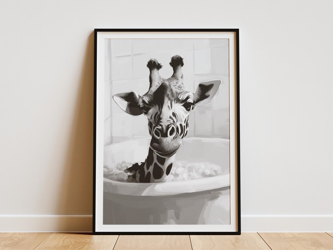 Giraffe In Bathtub Poster Black And White Funny Animal Wall Decor