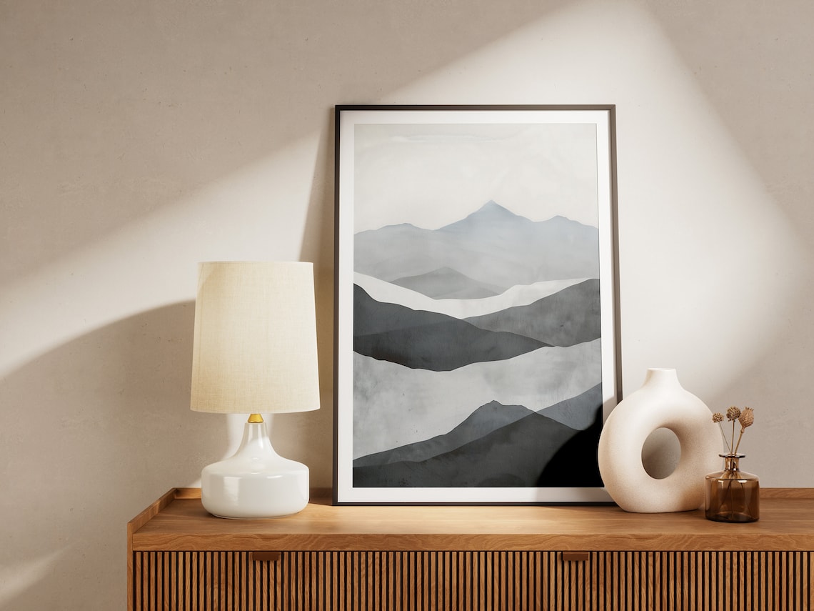 Grey Monochrome Layered Mountain Ridges Abstract Nature Print - Image 2