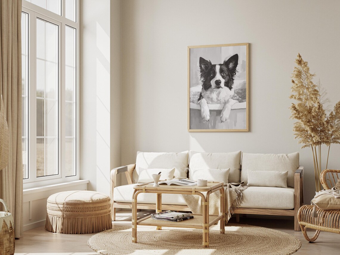 Border Collie Dog In Bathtub Black and White Funny Art Poster - Image 3