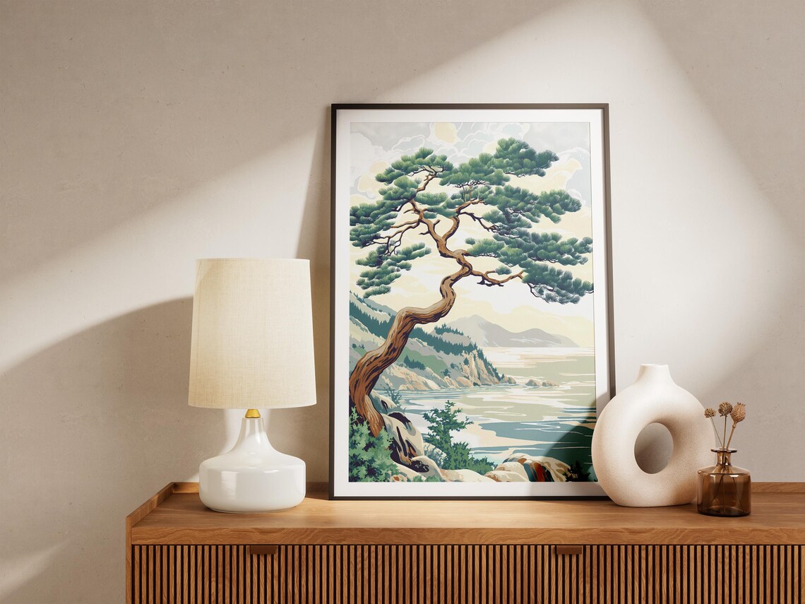 Windswept Coastal Pine Tree Over Ocean View Japanese Art Poster - Image 5