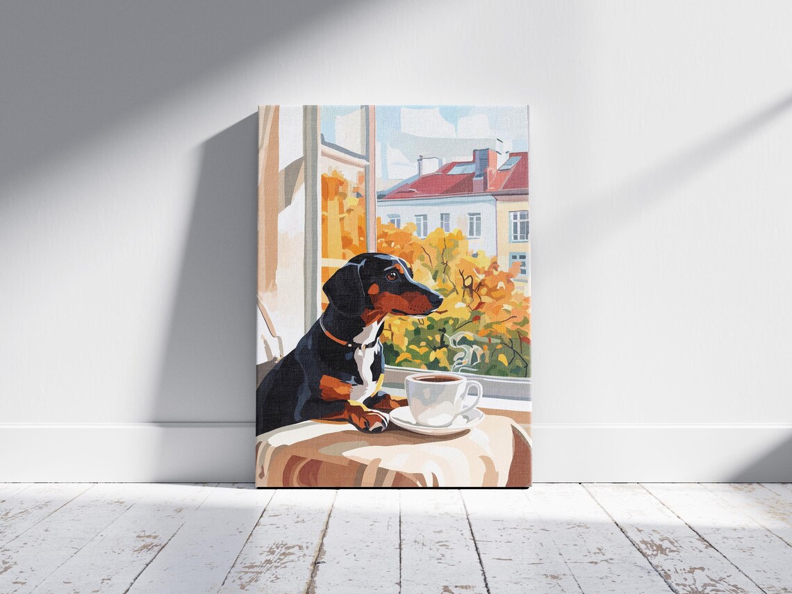 Dachshund Gazing Out of Autumn Window with Coffee Cup Poster - Image 2