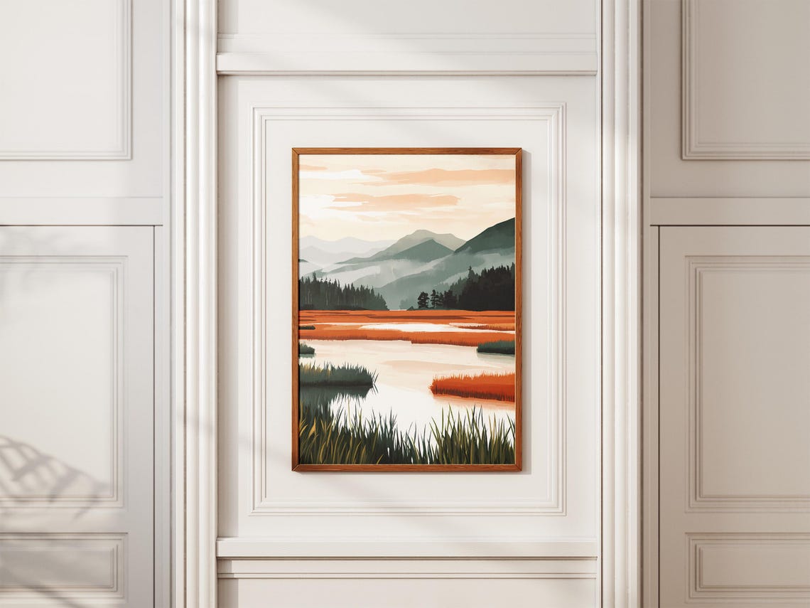 Misty Rust-Orange Rice Paddies Reflecting Teal Mountains Poster - Image 2