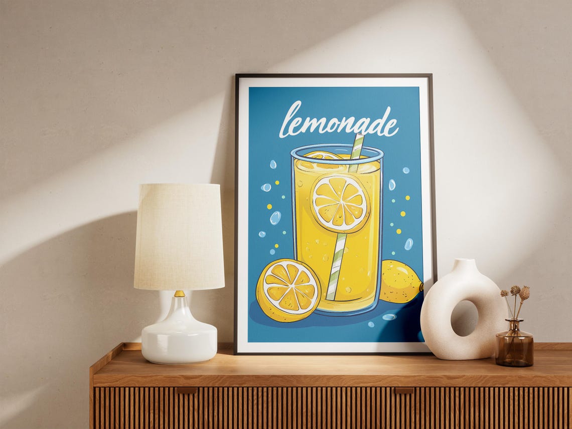 Retro Lemonade Glass with Script Lettering on Blue Kitchen Poster - Image 5