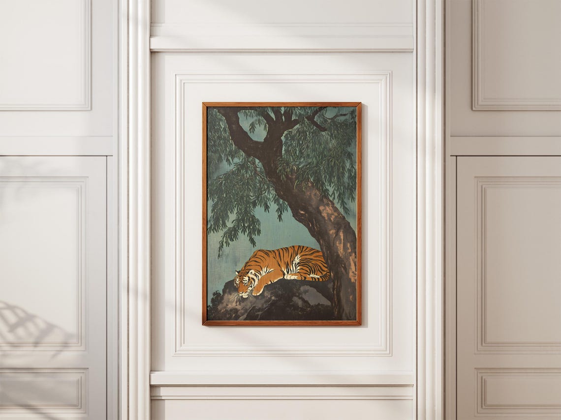 Resting Tiger Under Banyan Tree Vintage Asian Wildlife Art Poster - Image 2