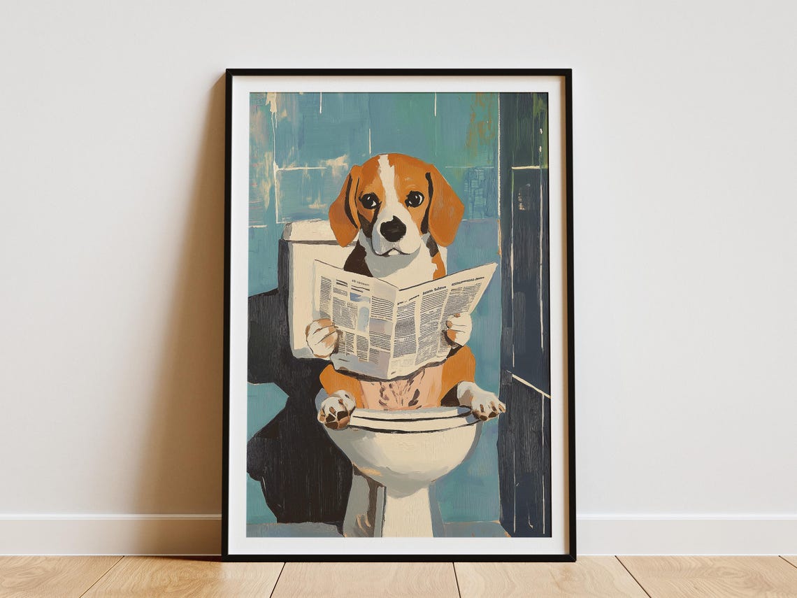 Beagle Reading the Morning Newspaper While on the Toilet Poster