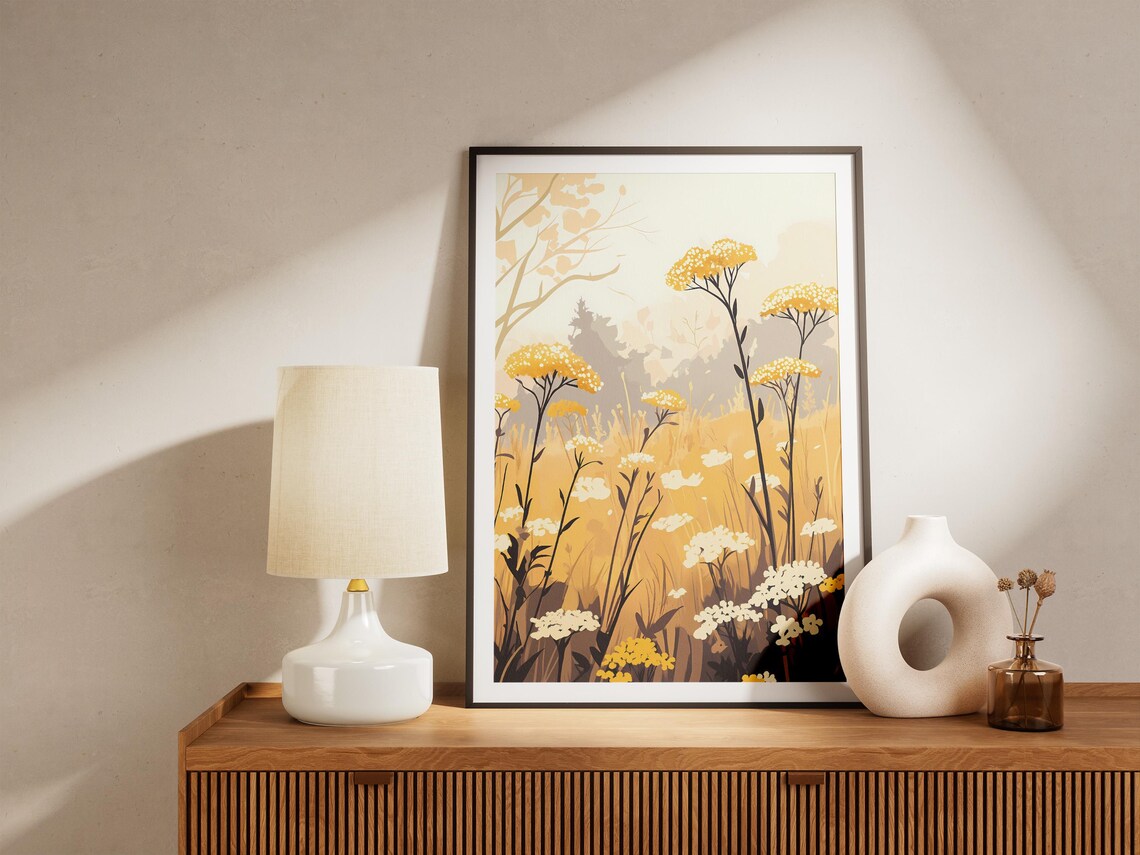 Misty Yellow Yarrow Golden Field Hazy Summer Meadow Art Poster - Image 5