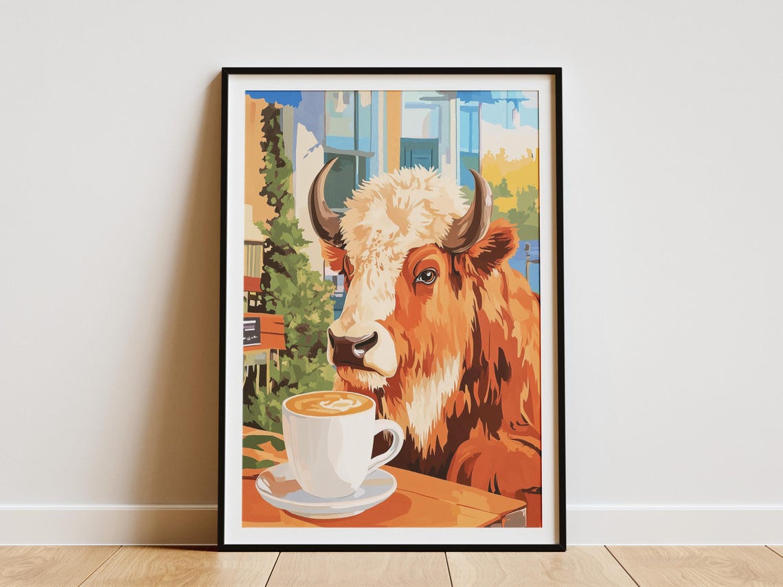 Highland Cow Enjoying a Latte at a Sunny Cafe Terrace Animal Poster