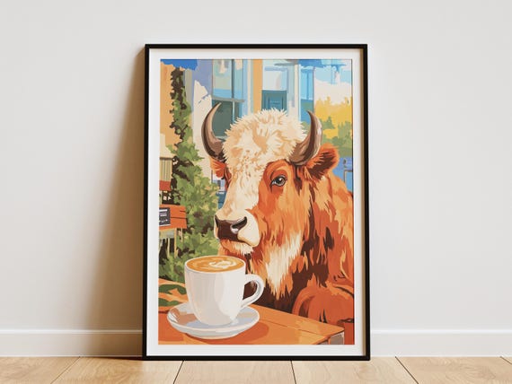 Bison Coffee Shop Poster Animal Cafe Art Print Whimsical Wall Decor Bistro Lover Gift Contemporary Home