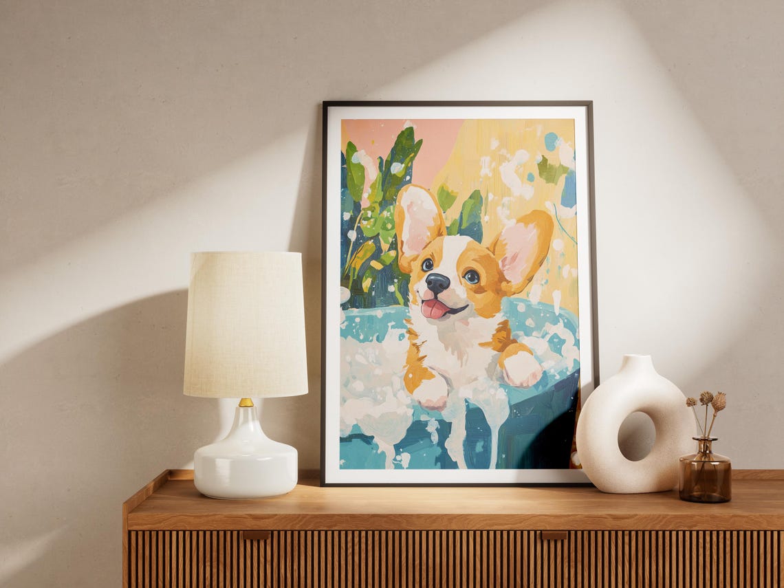Corgi Puppy Foamy Bath Watercolor Style Cute Pet Bathroom Poster - Image 4