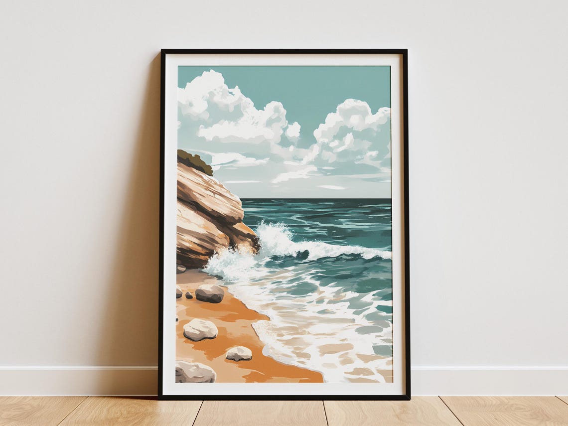 Ocean Wave Crashing Against a Rocky Cliff Sandy Beach Poster