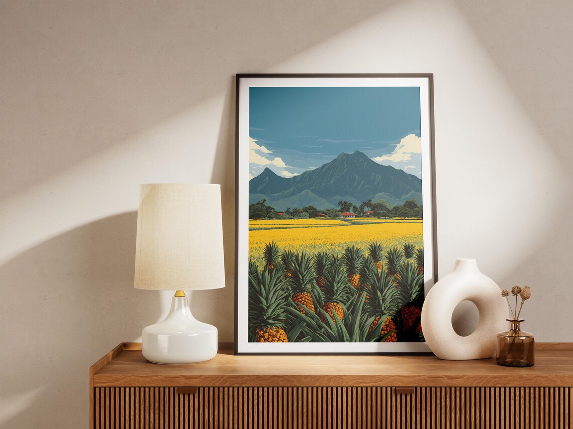 Pineapple Field Hawaii Tropical Mountain Landscape Vintage Poster - Image 4