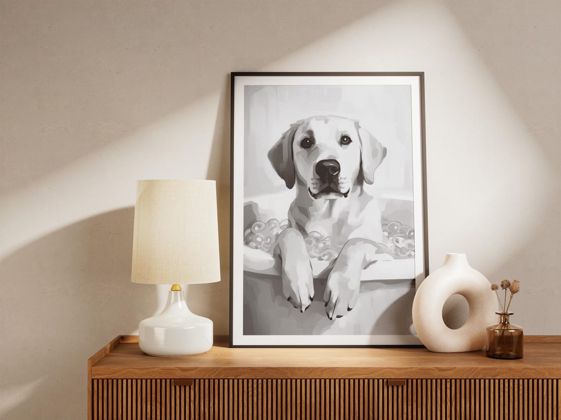 Yellow Labrador in Bubble Bath Black and White Cute Dog Decor Poster - Image 4