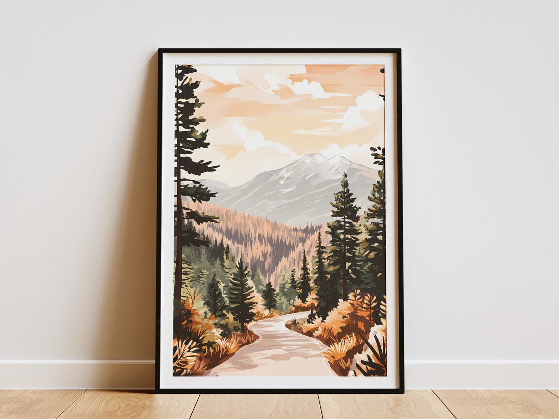 Winding Mountain Road Through Autumn Forest To Snowy Peak Poster