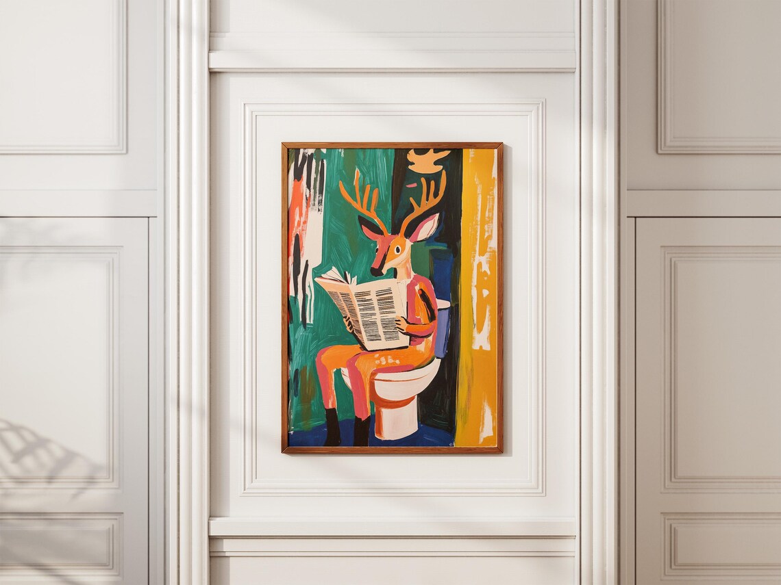 Deer on Toilet Reading Newspaper Colorful Funny Animal Poster - Image 2