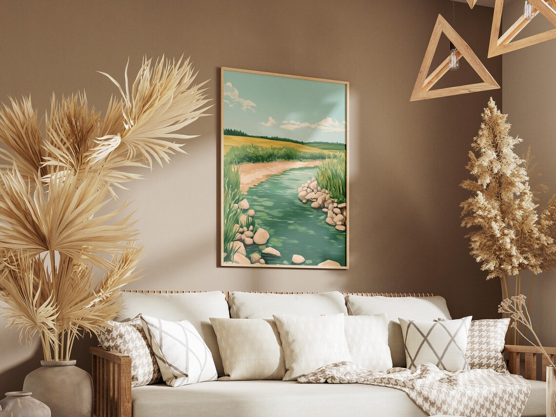 Green Summer River Rocks Grasses Golden Field Countryside Art Poster - Image 3