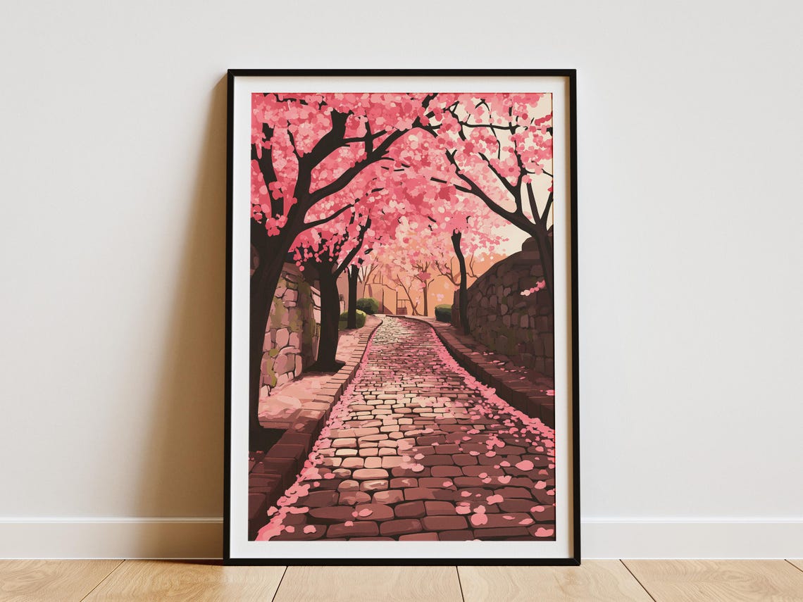 Pink Cherry Blossom Cobblestone Path Spring Petal Lane Poster