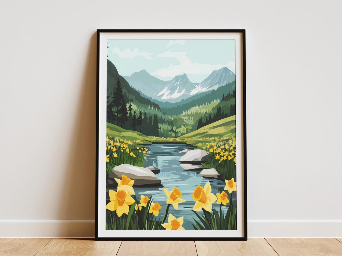 Bright Yellow Daffodils By A Mountain Stream Spring Flowers Poster