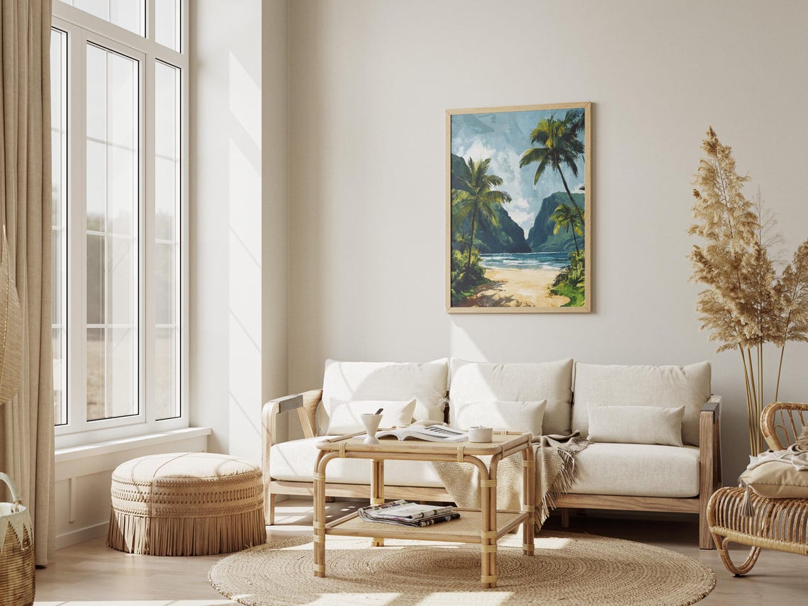 Tropical Beach with Palm Trees Green Cliffs Ocean Escape Poster - Image 3