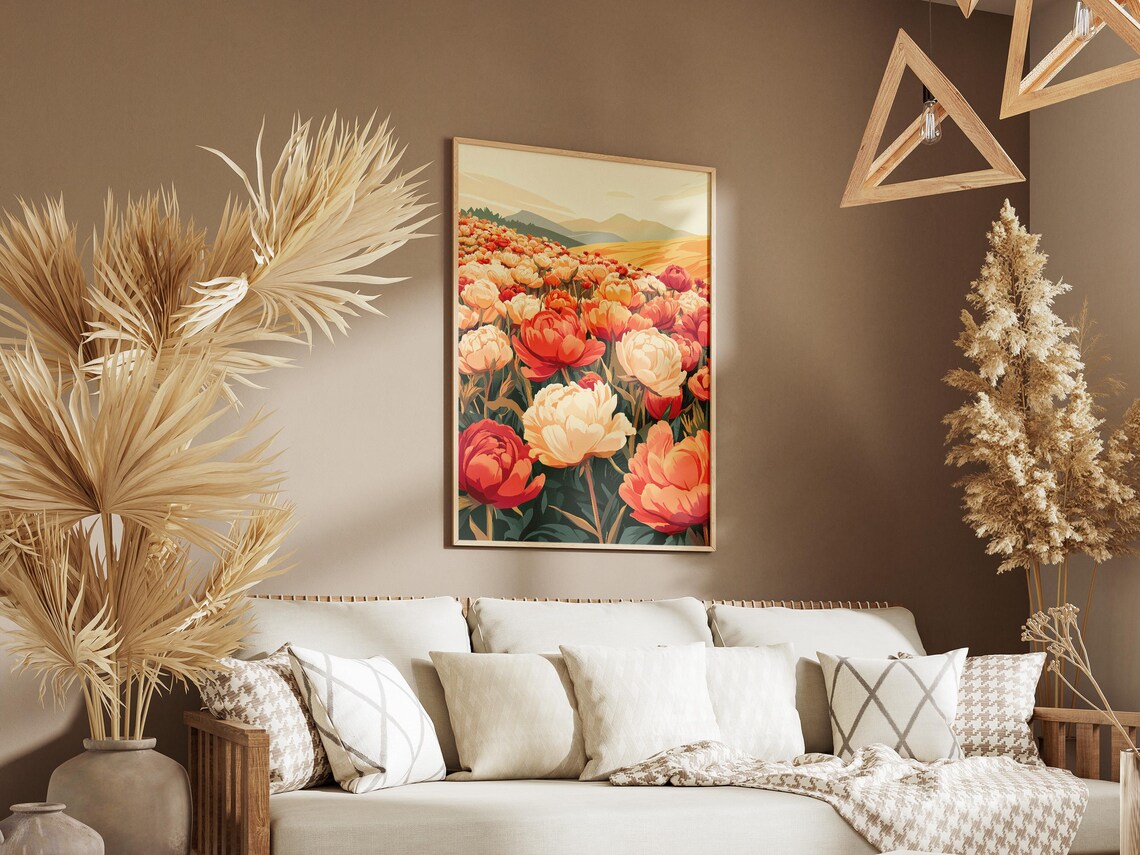 Red Coral Peony Flower Field at Sunrise Rolling Hills Art Poster - Image 3
