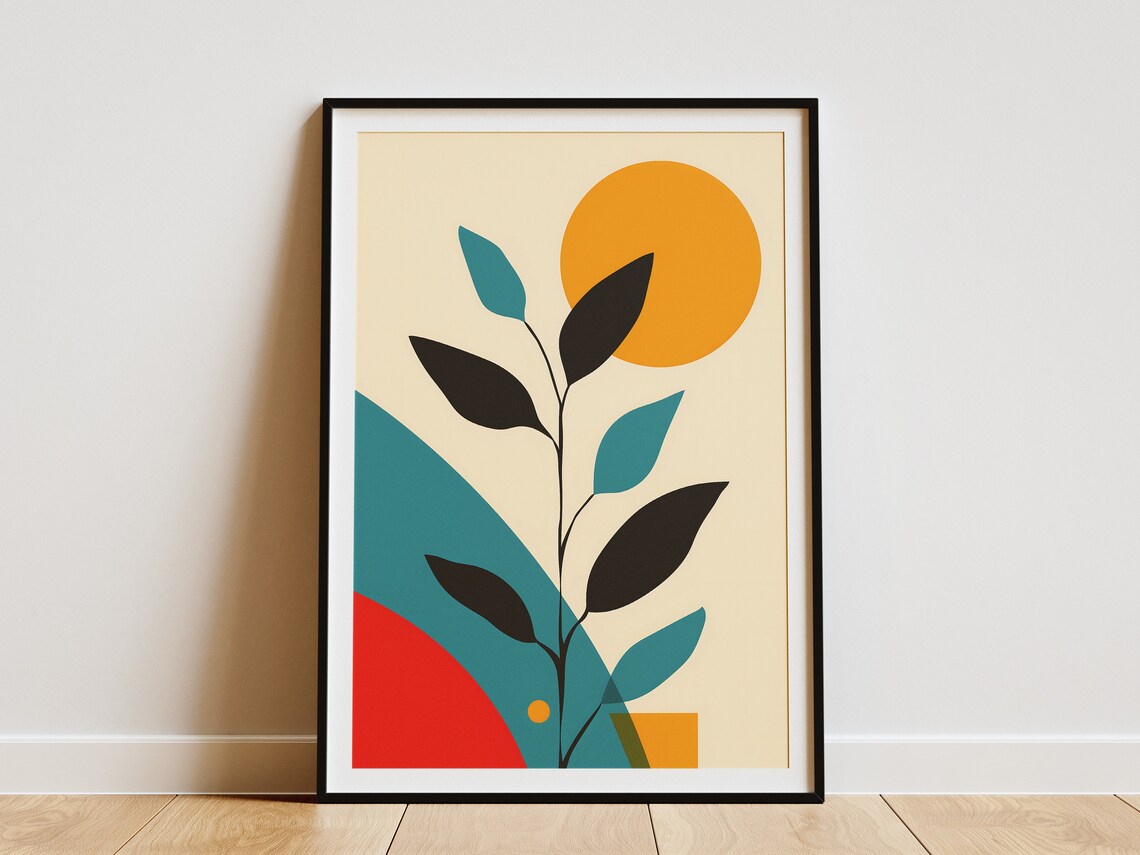 Minimalist Botanical Plant And Golden Sun Mid Century Art Poster