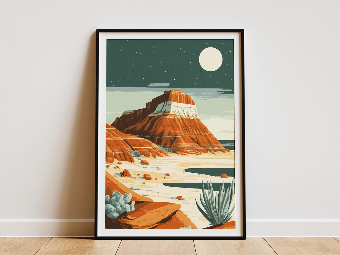 Petrified Forest Red Mesa Under a Moonlit Starry Night Sky Poster