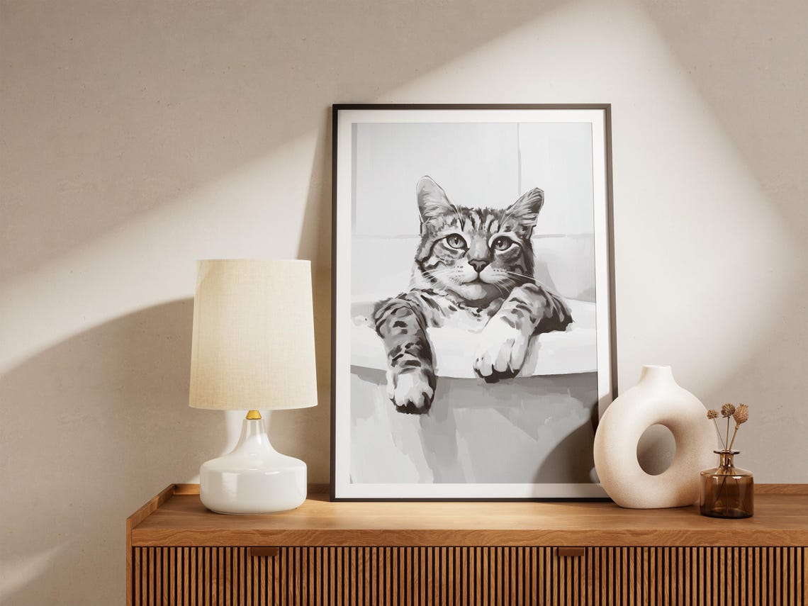 Lazy Tabby Cat in Bathtub Relaxed Minimalist Bathroom Poster - Image 4