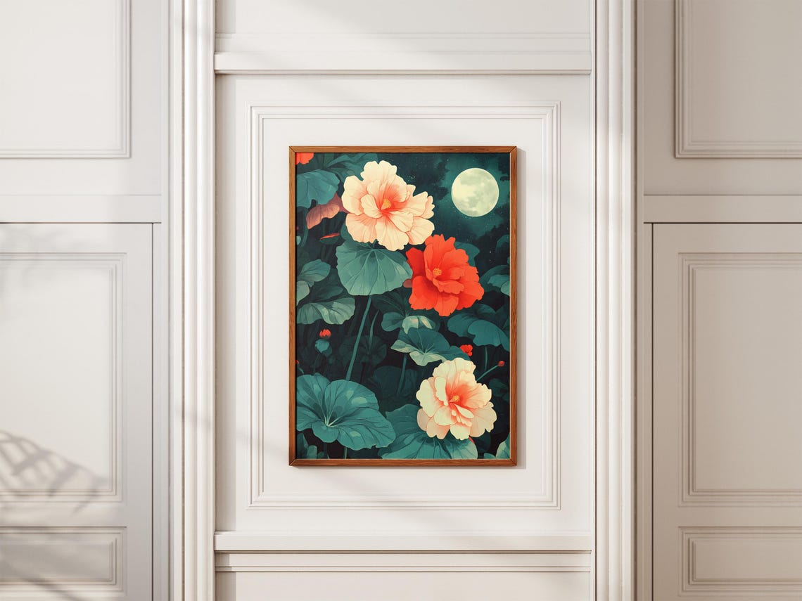 Peach Red Begonia Blooms Under a Full Moon Night Garden Poster - Image 2