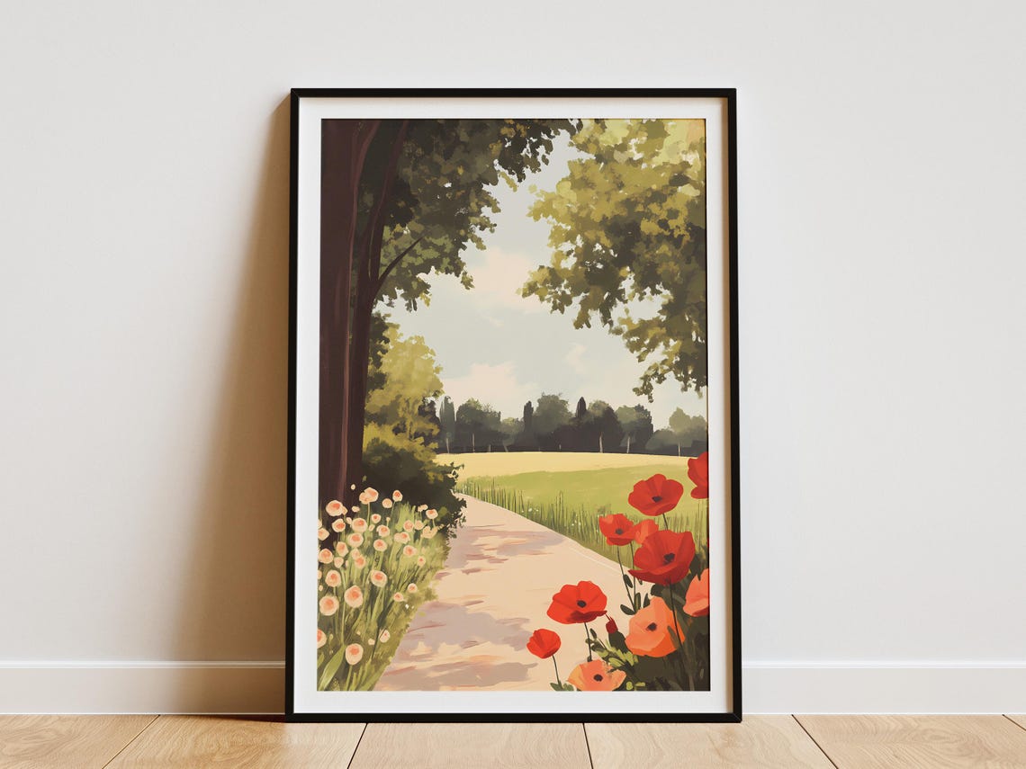 Red Poppy Lane Under Leafy Trees Country Garden Path Scene Poster