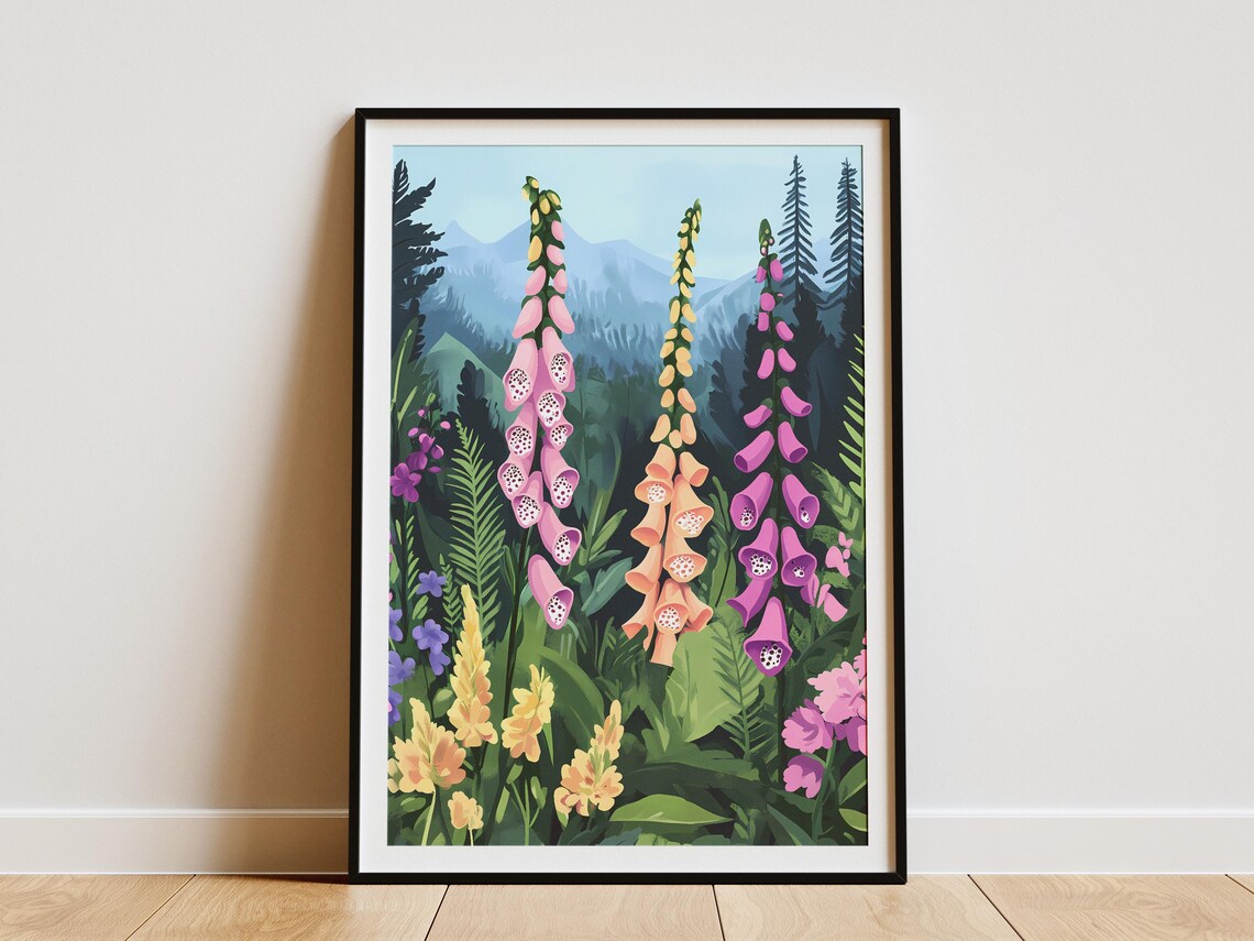 Foxglove Towers Mountain Meadow Ferns Vibrant Botanical Poster