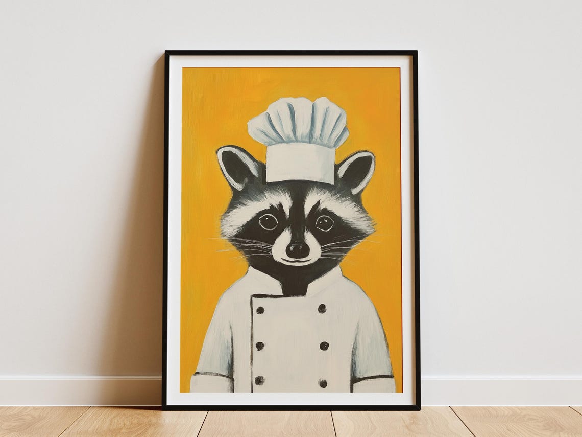 Raccoon Chef Art Print Funny Animal Poster Kitchen Decor Whimsical Wall