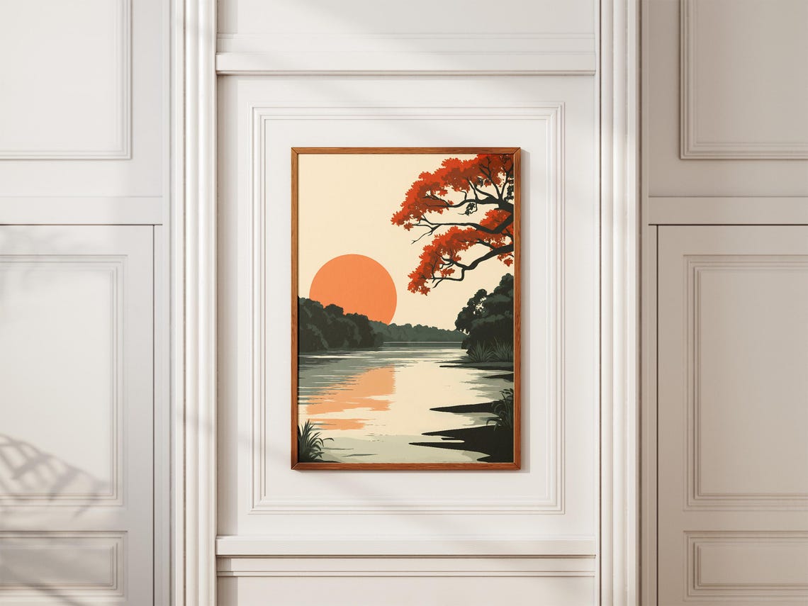 Brazilian Pantanal Sunset River Orange Sun Blossom Tree Poster - Image 2