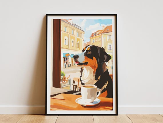 Australian Shepherd Dog Cafe Poster Print Lover Gift Cozy Coffee Shop Wall Art Pet Portrait Cute Puppy Decor