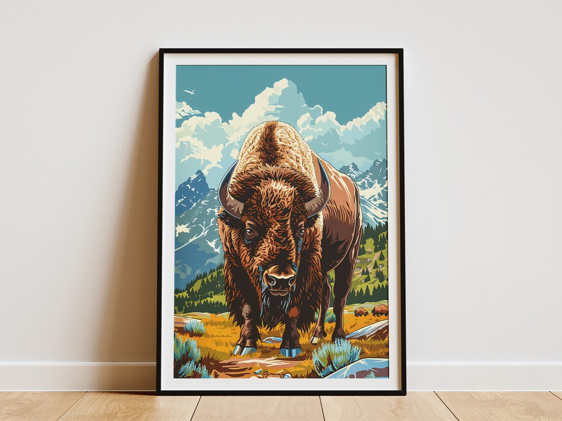 Bison Mountain Valley Wildlife Portrait Majestic Buffalo Art Poster