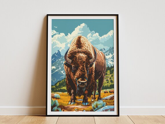 Bison Mountain Valley Wildlife Portrait Majestic Buffalo Art Poster