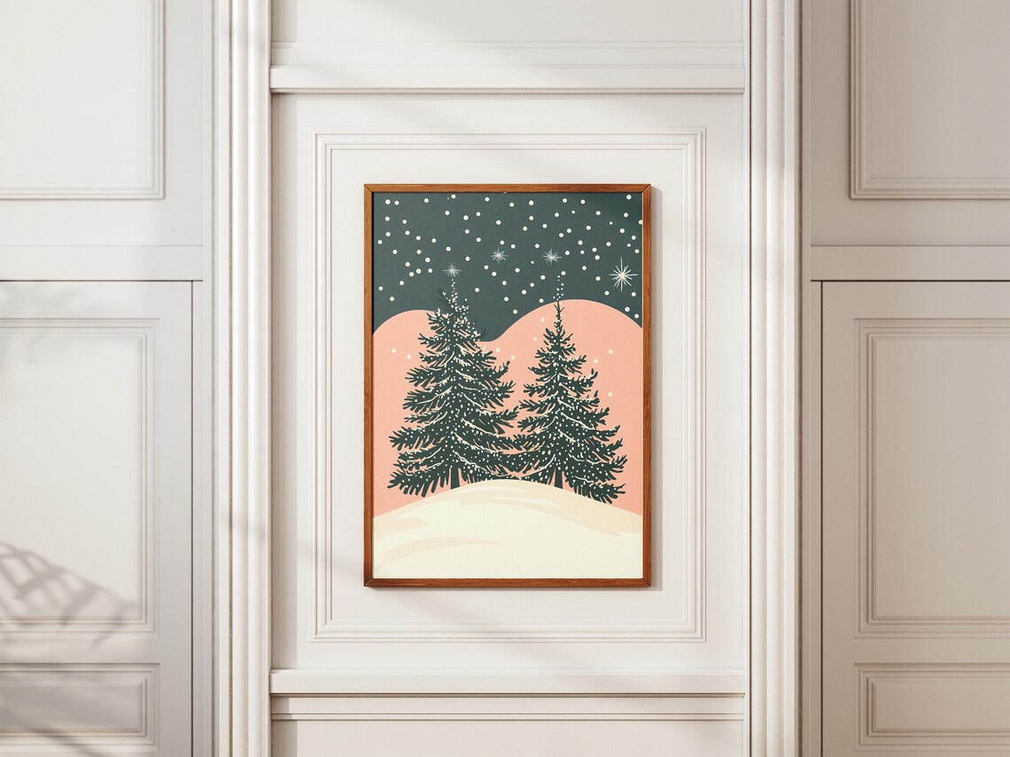 Snowy Pine Trees Winter Night Poster with Pink Hills and Stars - Image 2