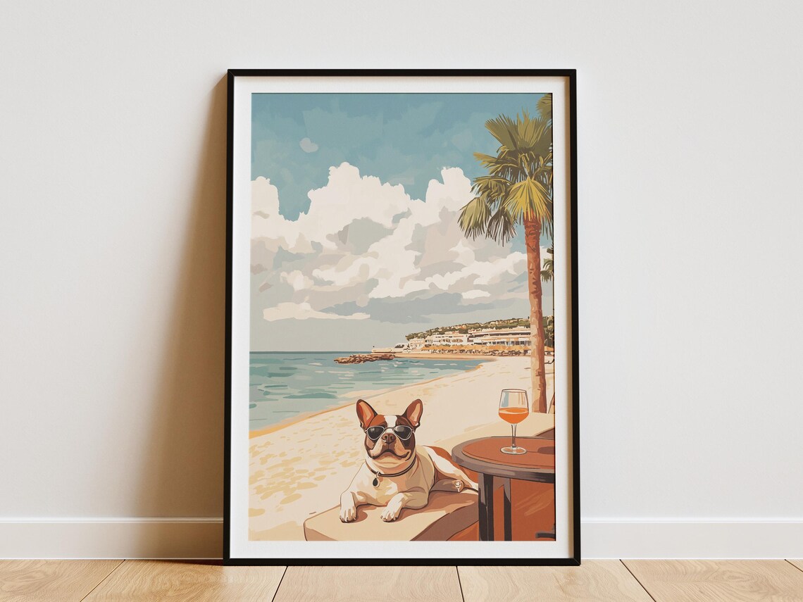 Boston Terrier in Sunglasses Lounging With Wine at the Beach Poster