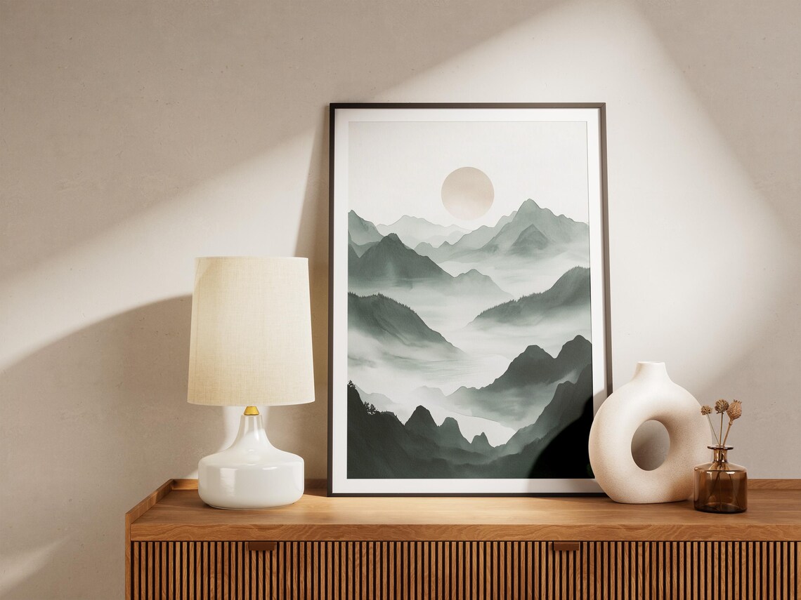 Green Misty Watercolor Mountains Pale Sun Japanese Inspired Poster - Image 4