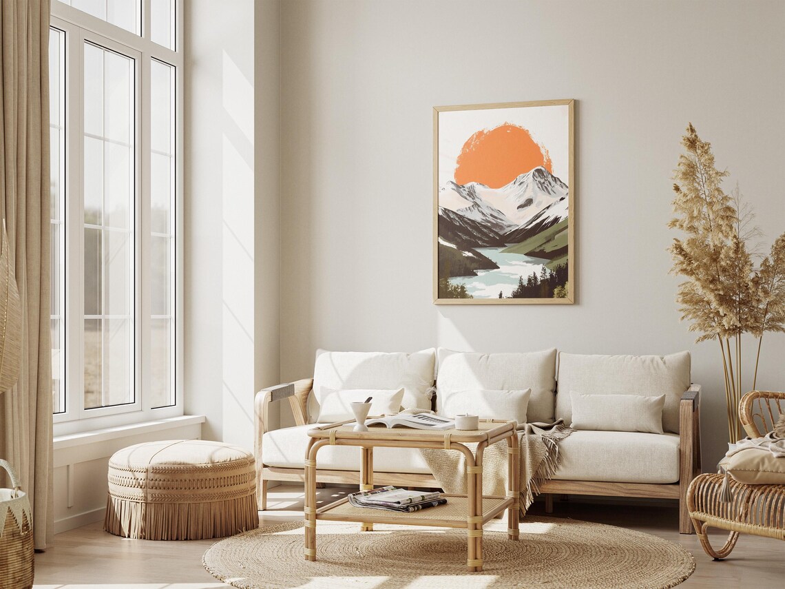 Brushstroke Sun Over Snowy Mountains Alpine Lake Scenic Poster - Image 4