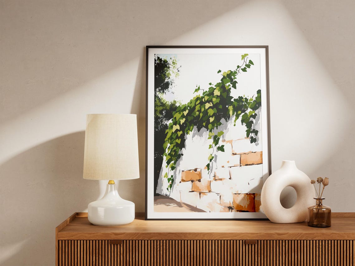 Trailing Green Vines on a Sunlit Stone Wall Botanical Art Poster - Image 5