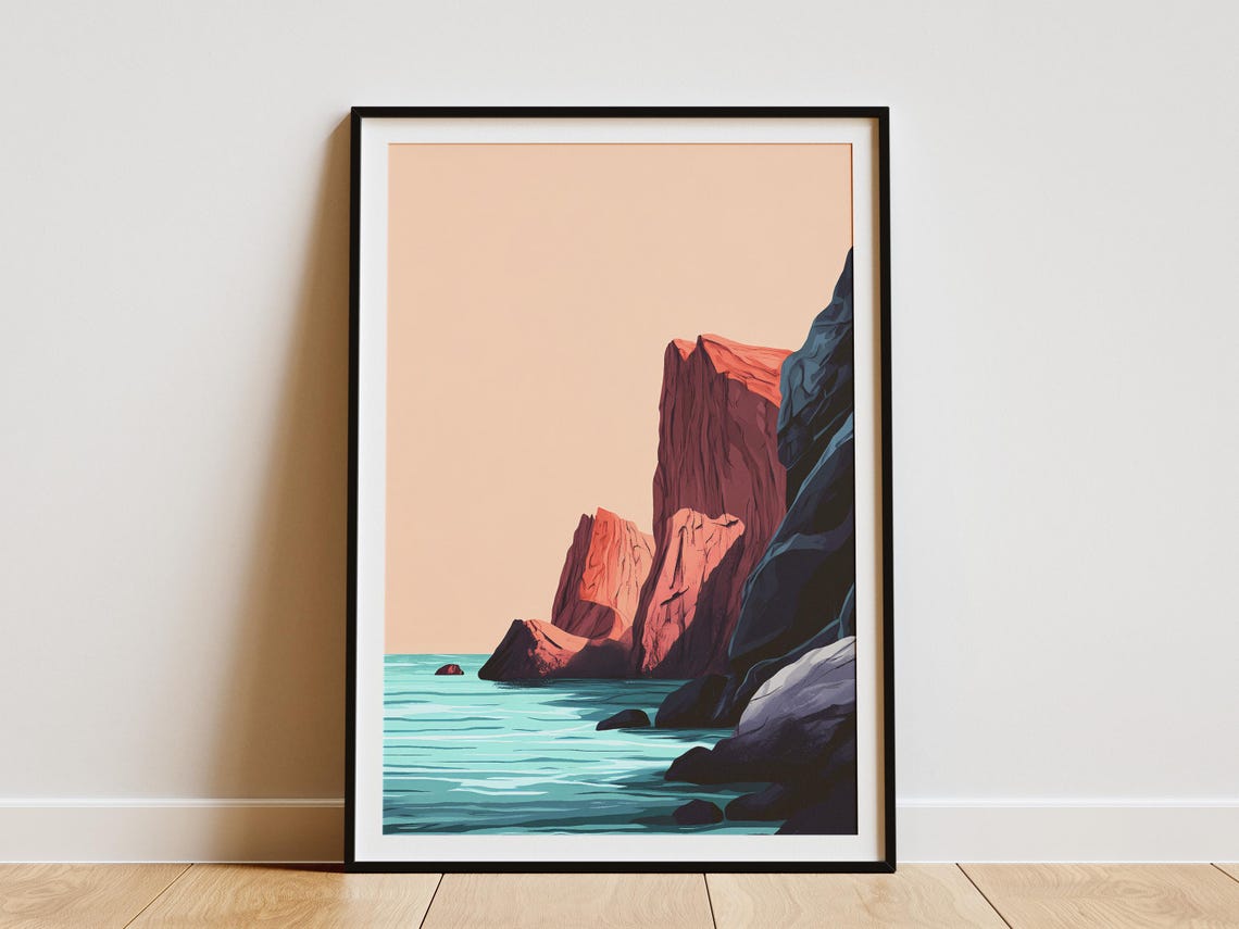 Red Rock Cliffs Over Turquoise Sea Minimalist Coastal Poster