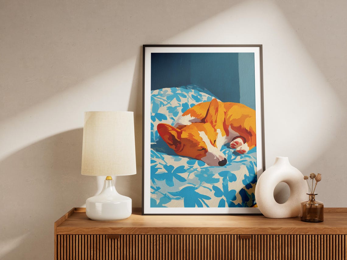 Corgi Dog Sleeping Curled on Blue Floral Bed Cozy Pet Art Poster - Image 4