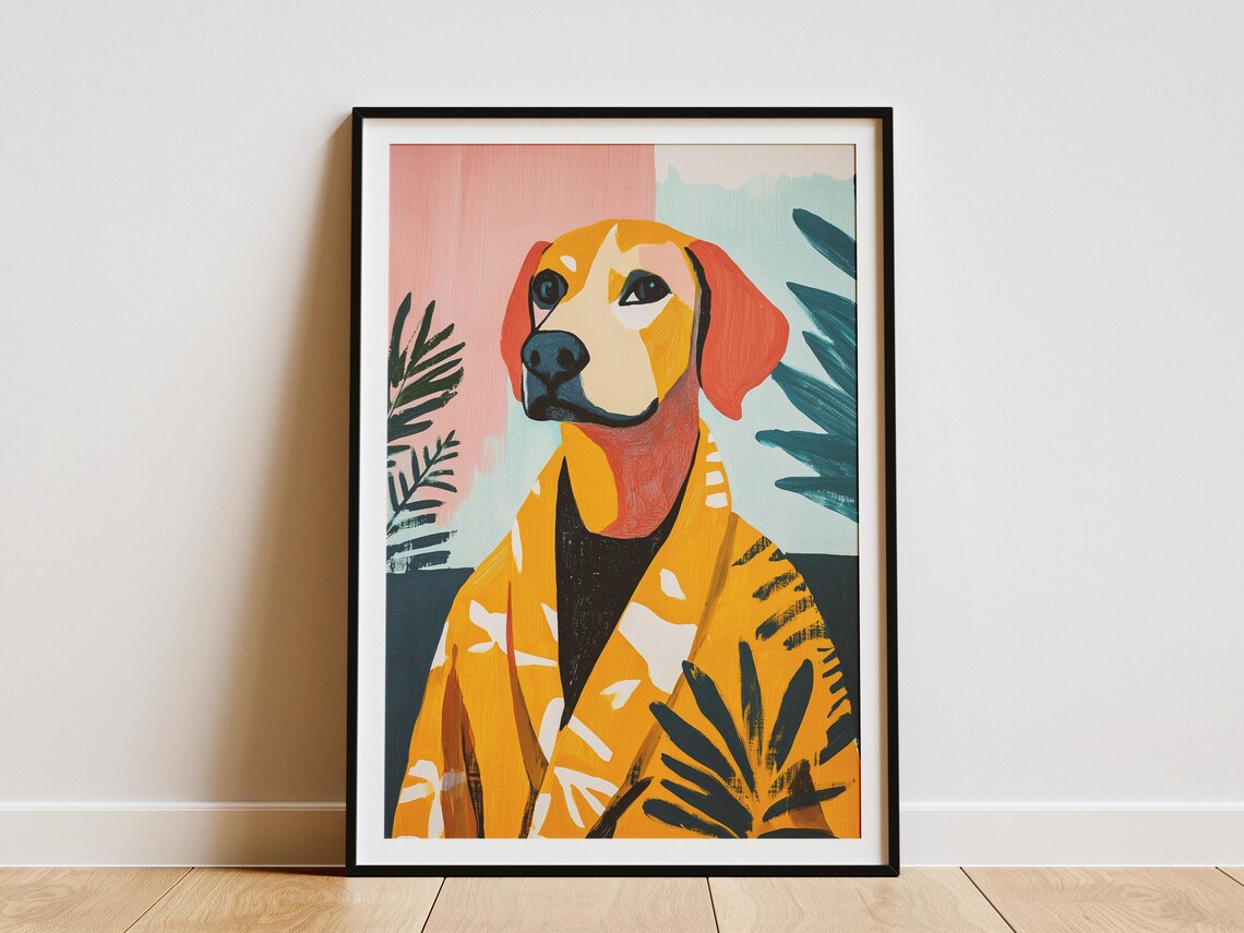 Tan Dog in Yellow Floral Robe Tropical Bathroom Funny Dog Poster
