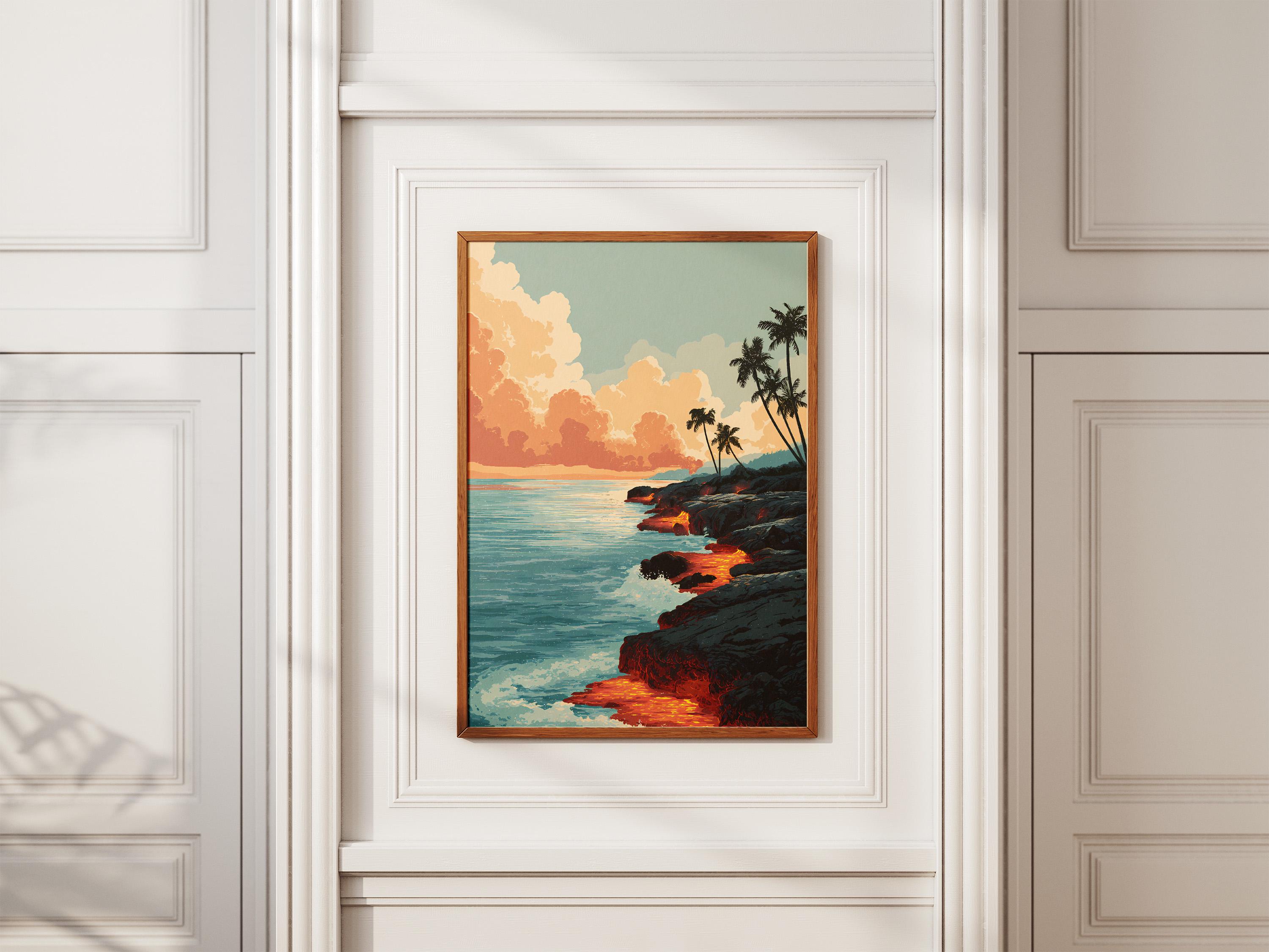Hawaii Lava Flow Meeting Ocean Palms Vintage Travel Style Poster - Image 2