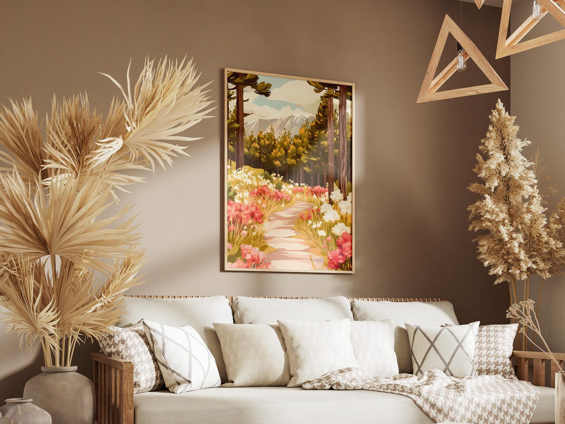 Pink Wildflower Forest Trail Between Tall Green Pine Trees Poster - Image 3
