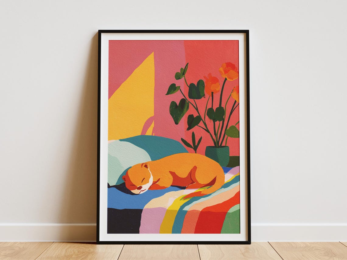 Sleeping Otter on Colorful Bed Pink Flowers Matisse Art Poster